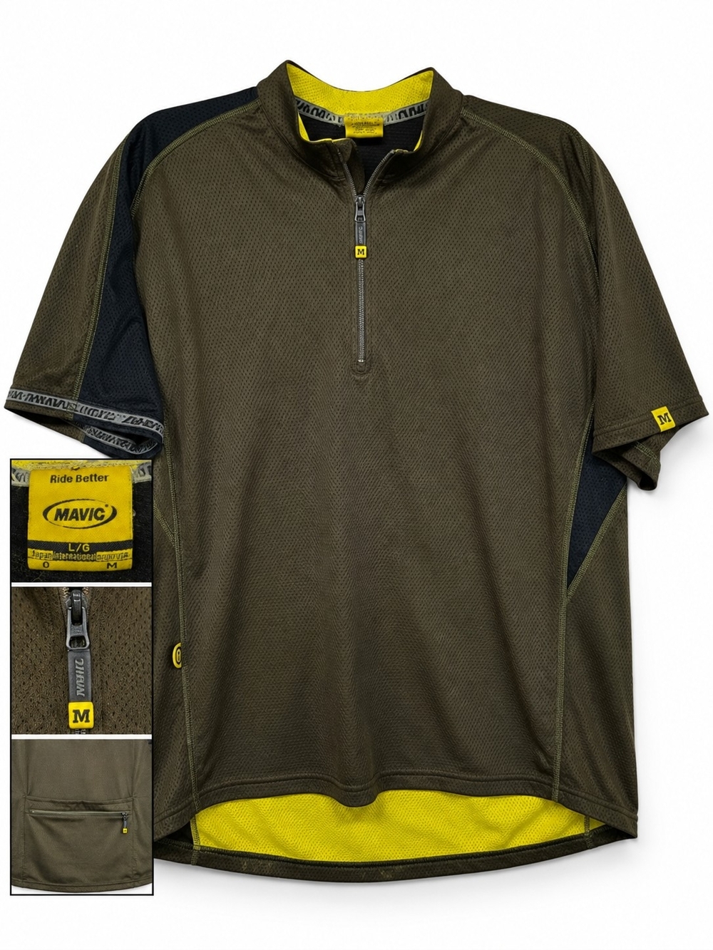 Mavic Ride Better Men’s L Cycling Jersey Olive Black Yellow 1/4 Zip Pockets